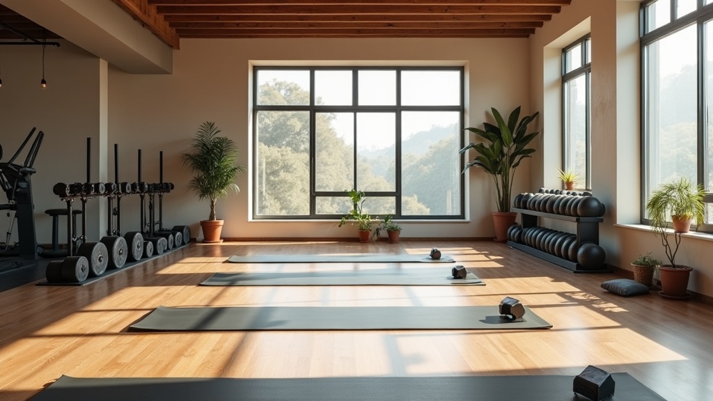 A calm gym with free weights and yoga mats, sunlight casting soft shadows over the stretching area
