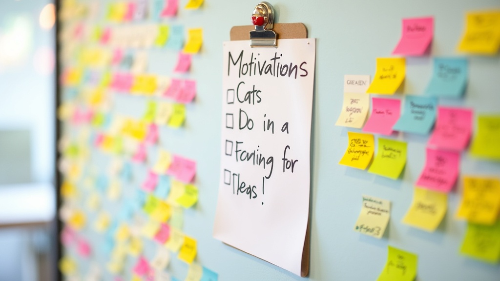 A colorful board with sticky notes, checklists, and small objects symbolizing motivation