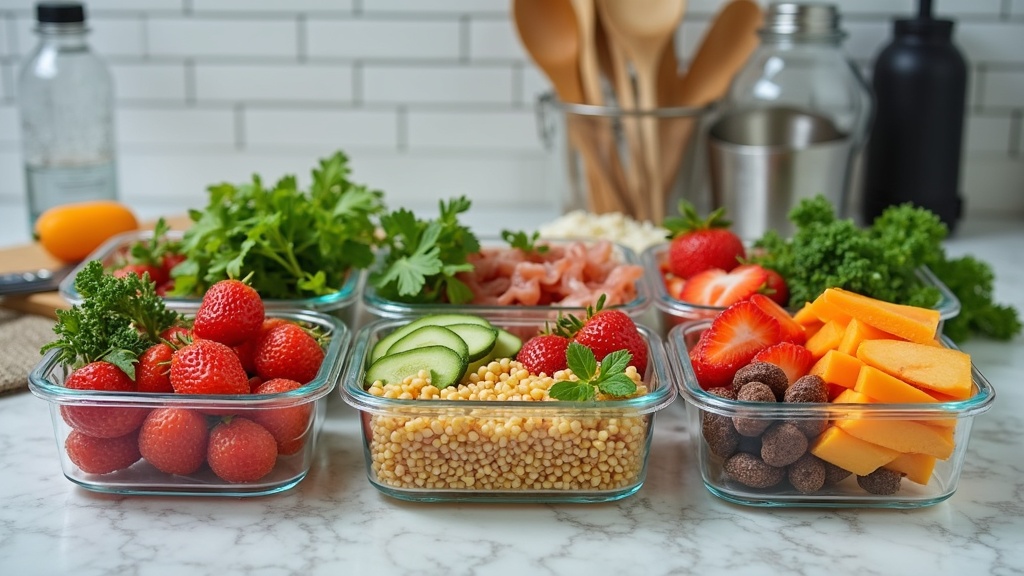A weekly layout of colorful meal prep containers with veggies, grains, and lean proteins on a wooden kitchen counter