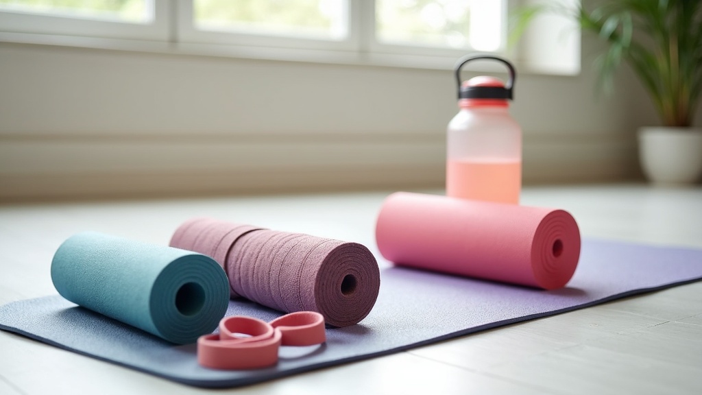 Colorful gym mat with simple yoga props, a water bottle, and a yoga strap in natural light