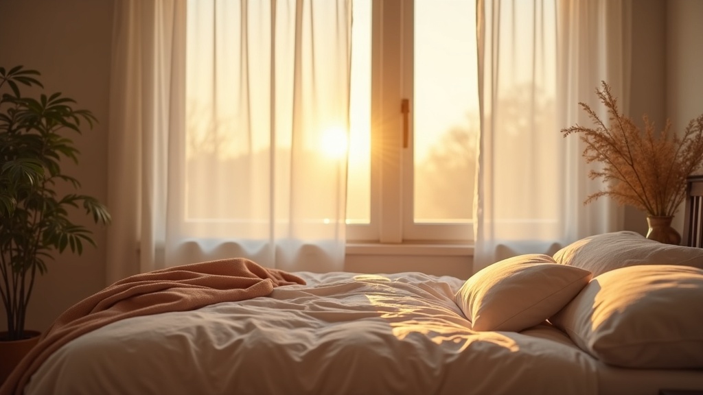 cozy bedroom at sunrise with natural light and soft bedding