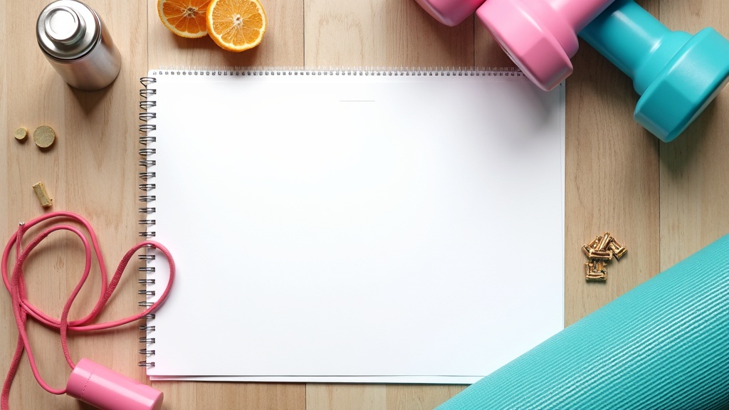 Flat lay of fitness equipment and workout planner